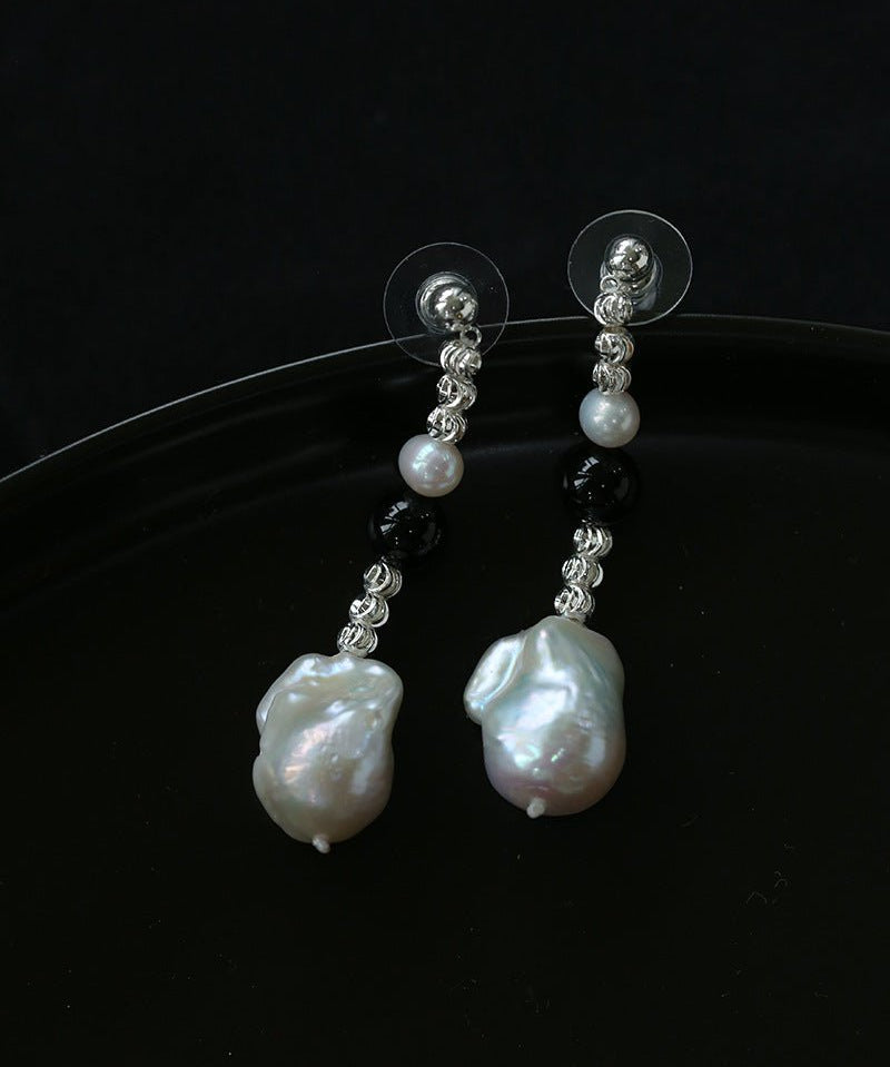 Baroque Pearl Black Agate Long Drop Earrings gembea jewelry