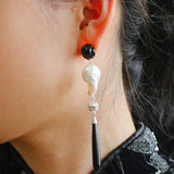 Baroque Pearl Black Agate Long Drop Earrings gembea jewelry