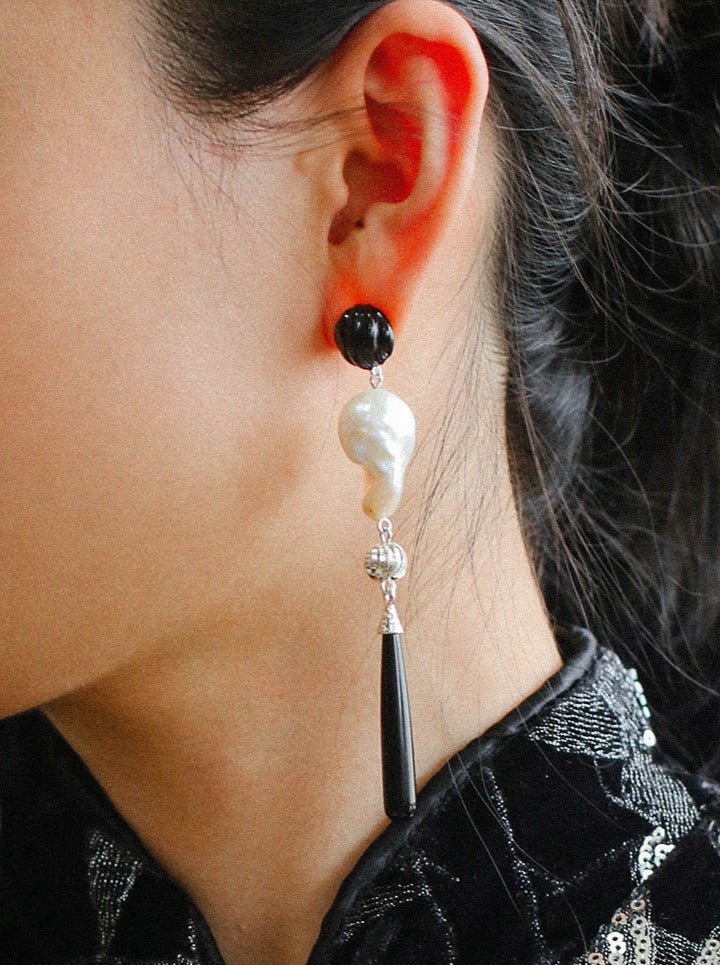 Baroque Pearl Black Agate Long Drop Earrings gembea jewelry
