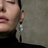Baroque Pearl Black Agate Long Drop Earrings gembea jewelry