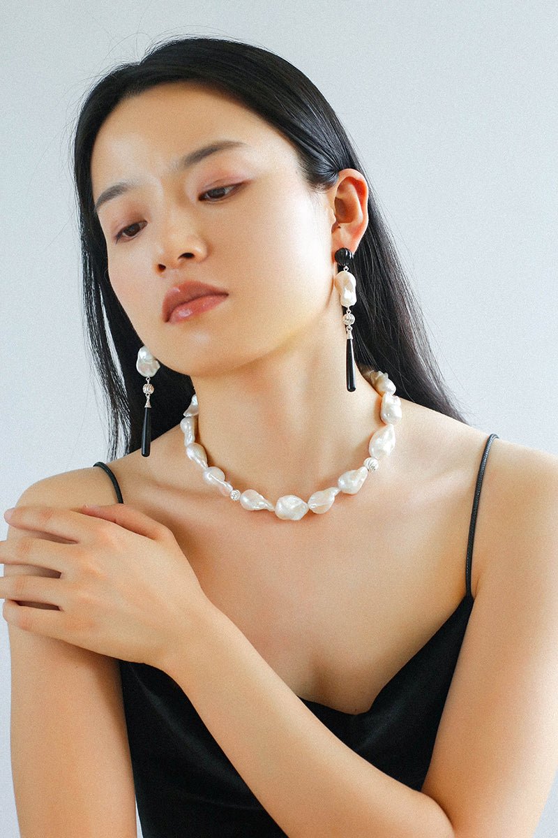 Baroque Pearl Black Agate Long Drop Earrings gembea jewelry