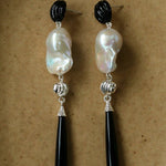 Baroque Pearl Black Agate Long Drop Earrings gembea jewelry