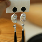 Baroque Pearl Black Agate Long Drop Earrings gembea jewelry