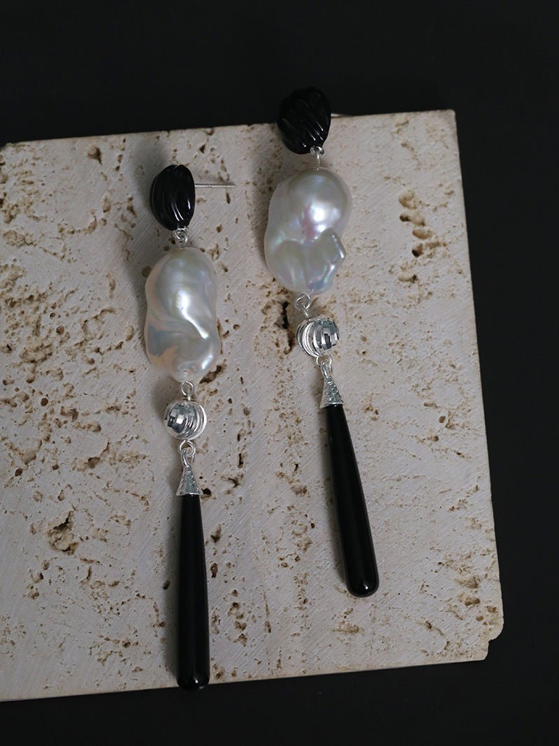 Baroque Pearl Black Agate Long Drop Earrings gembea jewelry