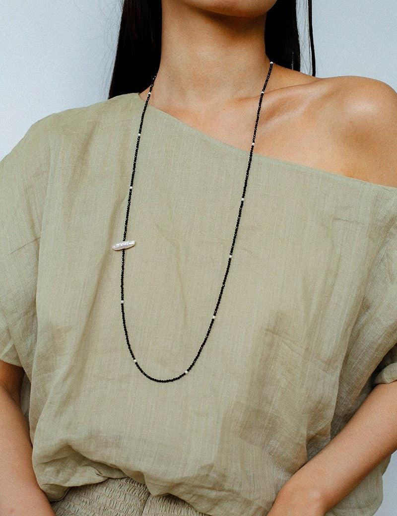 Baroque Pearl Black Spinel Beaded Long Necklace gembea jewelry