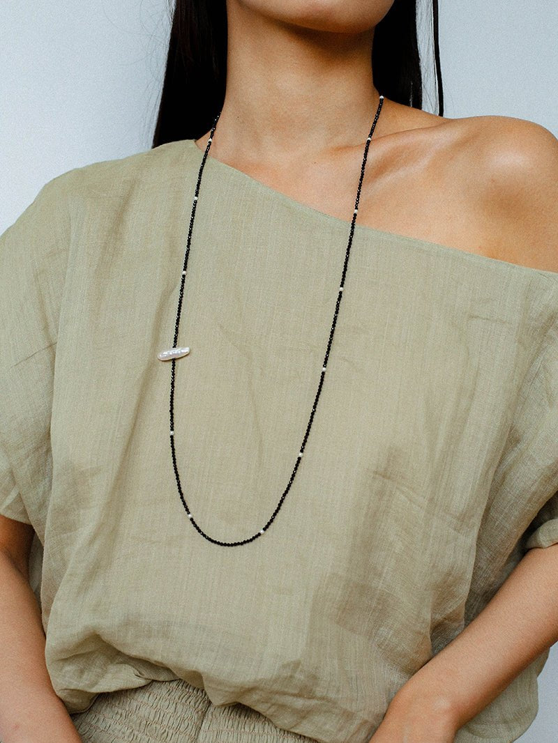 Baroque Pearl Black Spinel Beaded Long Necklace gembea jewelry