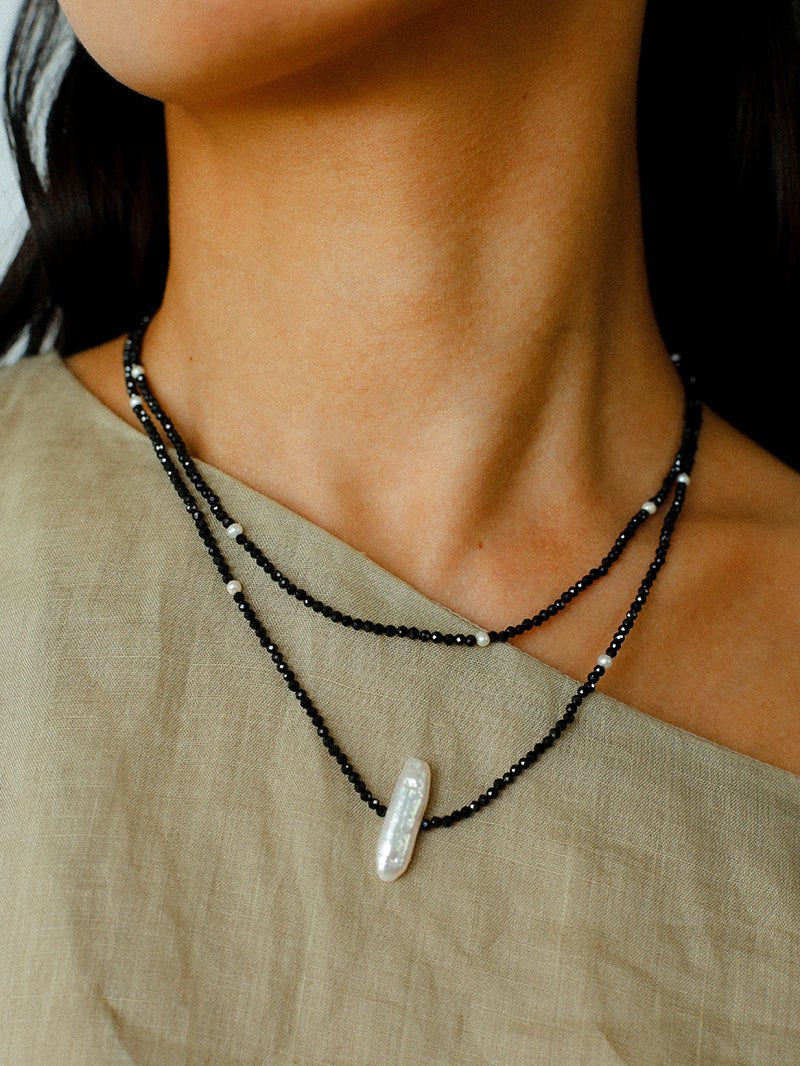 Baroque Pearl Black Spinel Beaded Long Necklace gembea jewelry