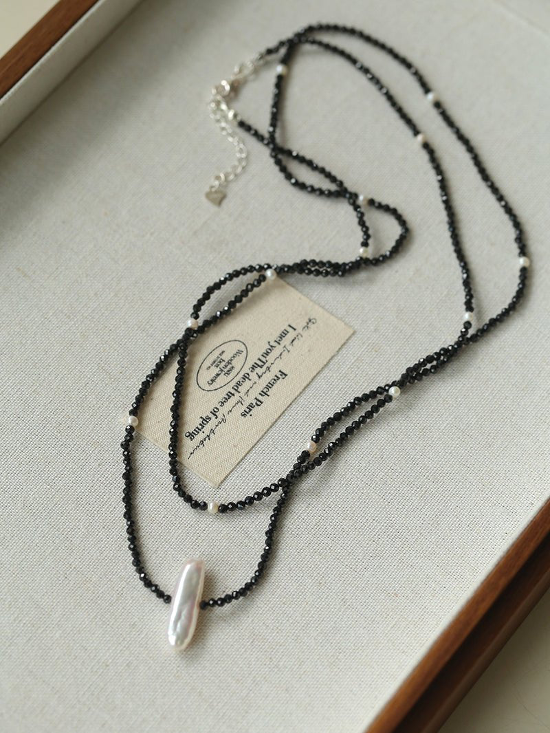 Baroque Pearl Black Spinel Beaded Long Necklace gembea jewelry