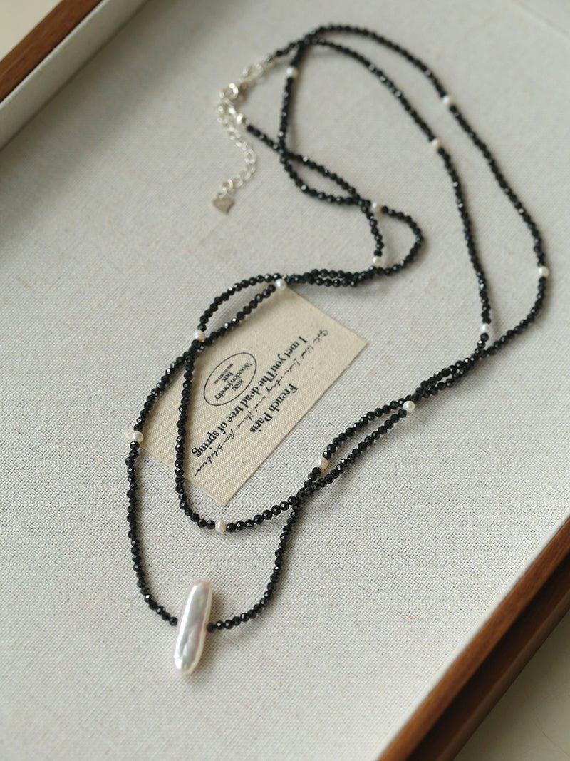 Baroque Pearl Black Spinel Beaded Long Necklace gembea jewelry