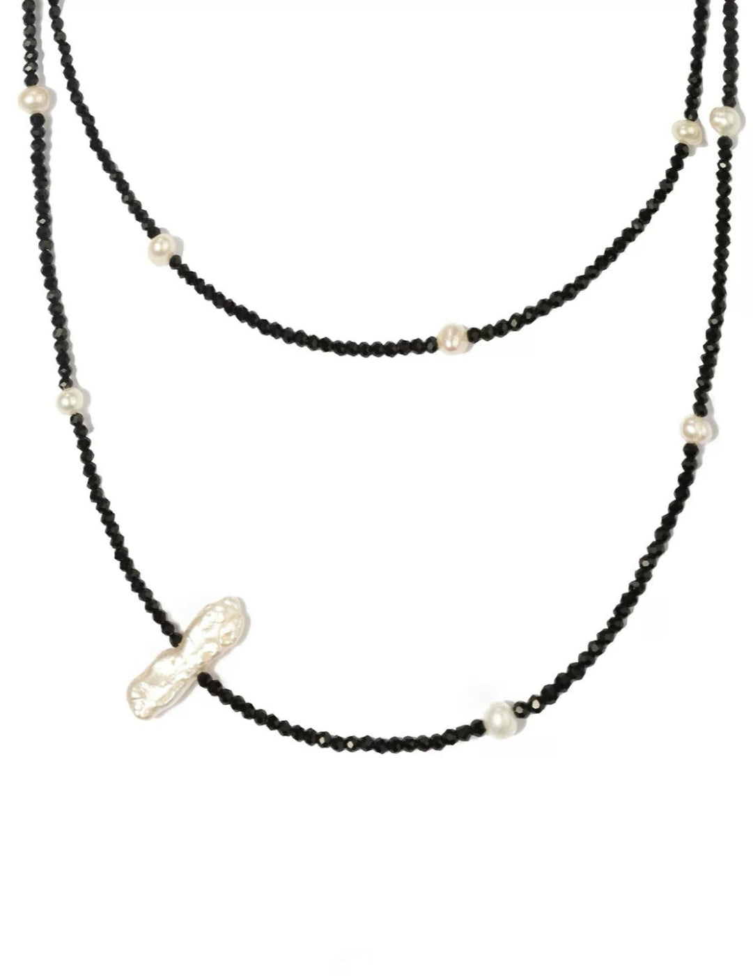 Baroque Pearl Black Spinel Beaded Long Necklace gembea jewelry