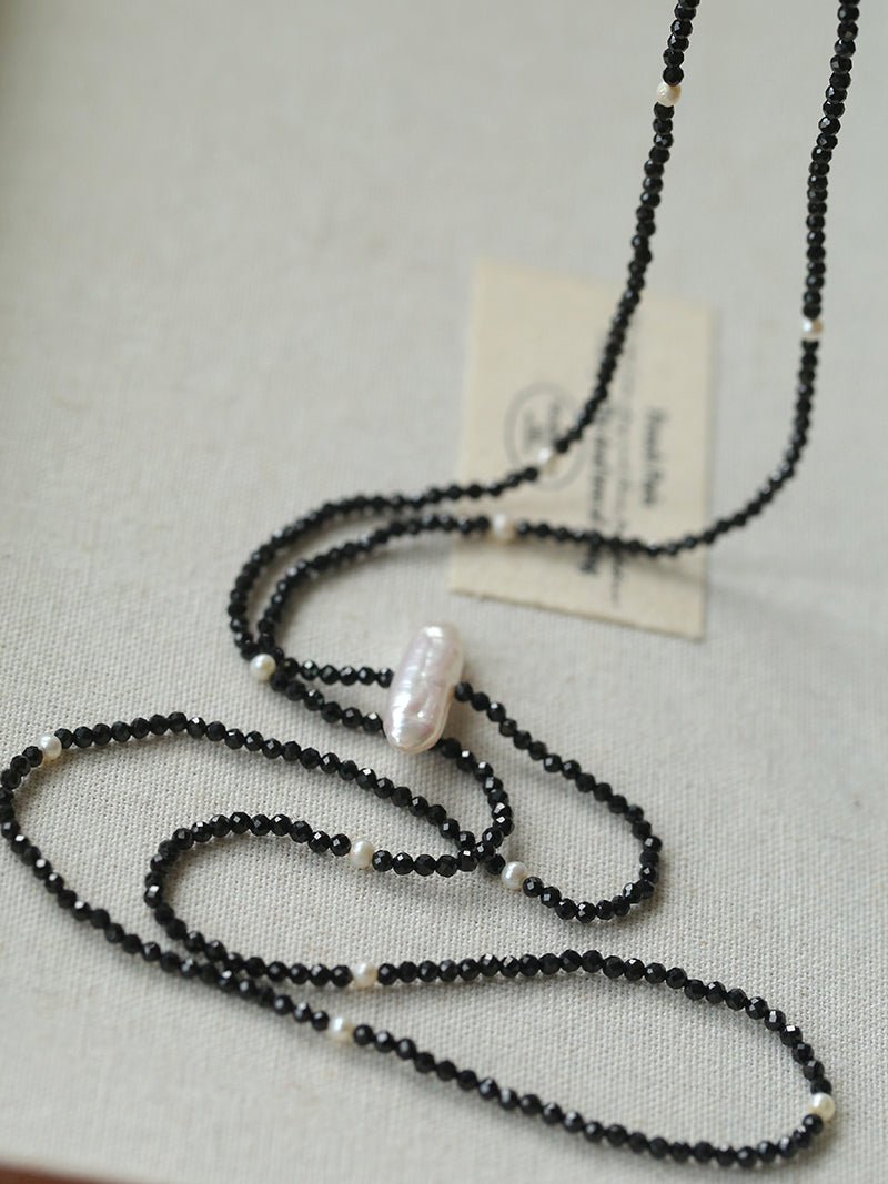 Baroque Pearl Black Spinel Beaded Long Necklace gembea jewelry