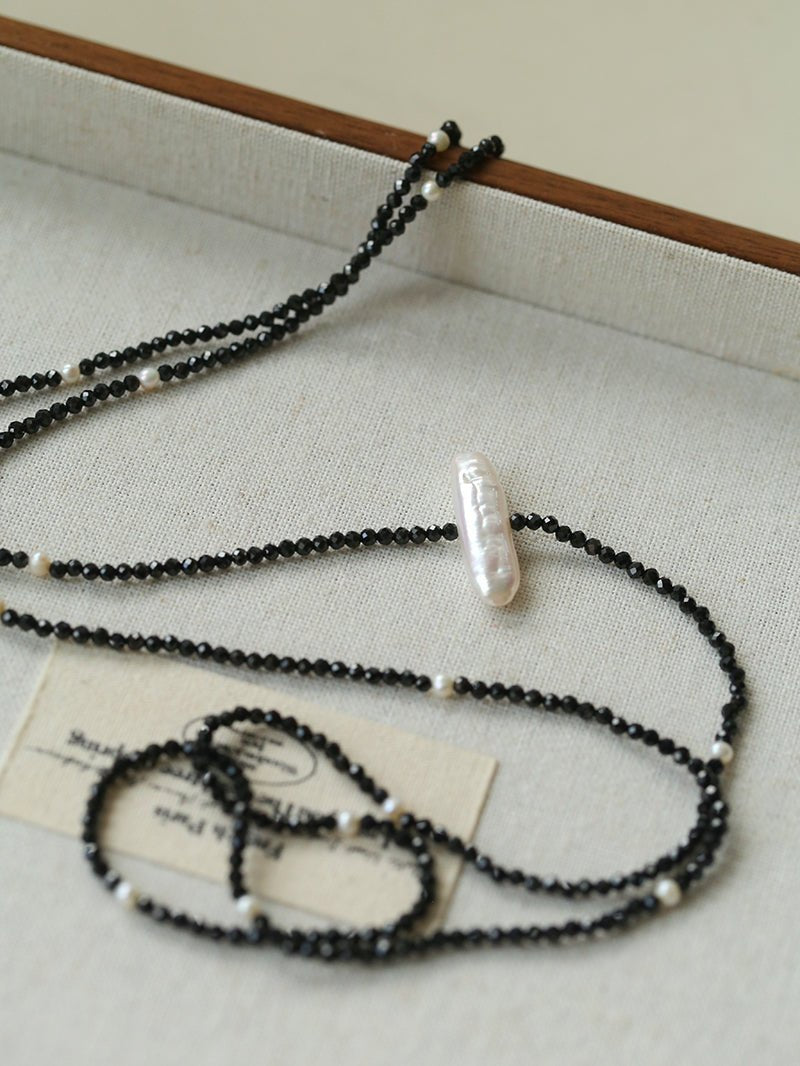 Baroque Pearl Black Spinel Beaded Long Necklace gembea jewelry