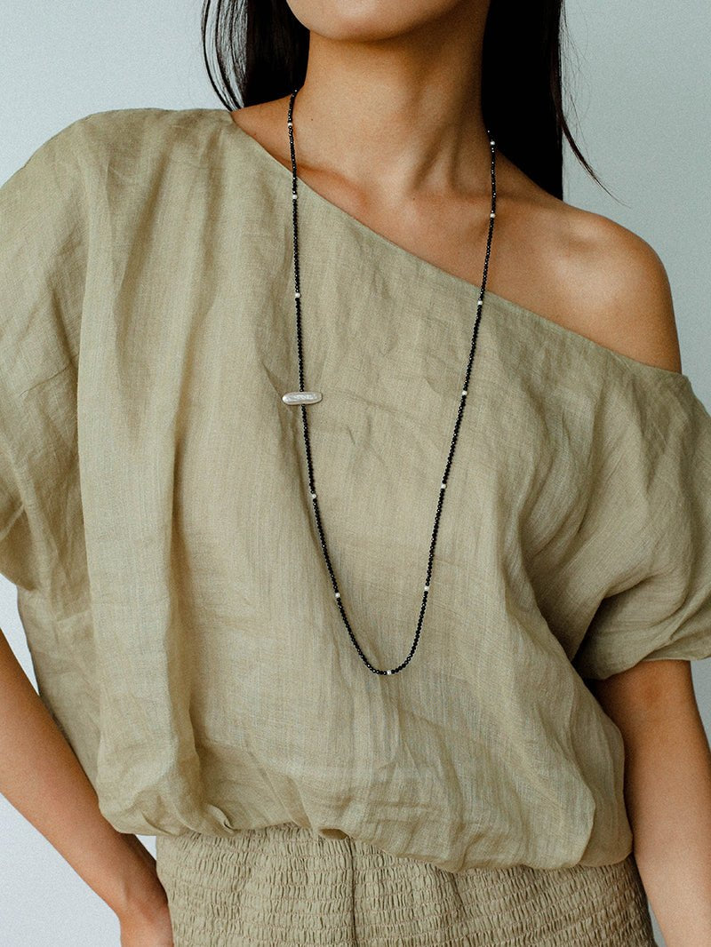 Baroque Pearl Black Spinel Beaded Long Necklace gembea jewelry