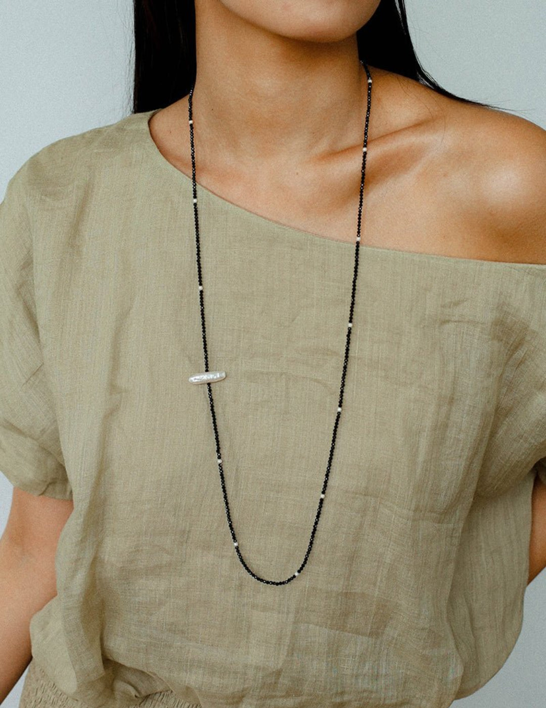 Baroque Pearl Black Spinel Beaded Long Necklace gembea jewelry