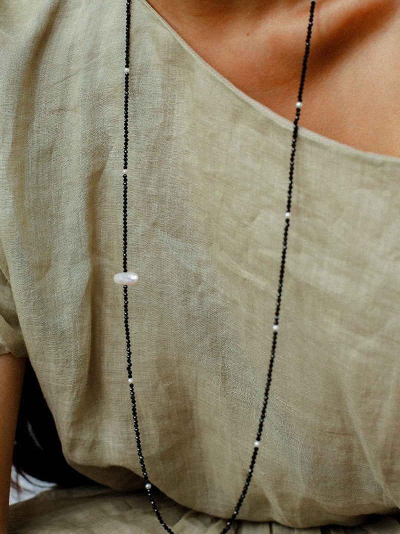 Baroque Pearl Black Spinel Beaded Long Necklace gembea jewelry