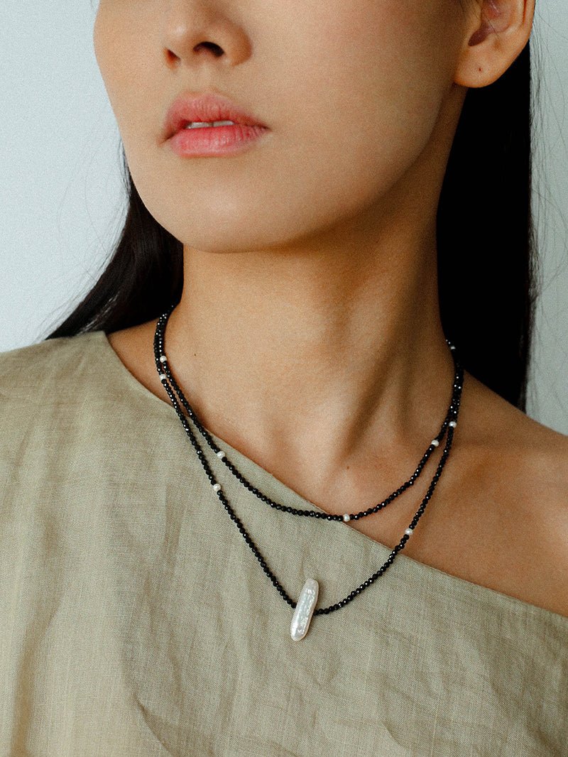 Baroque Pearl Black Spinel Beaded Long Necklace gembea jewelry