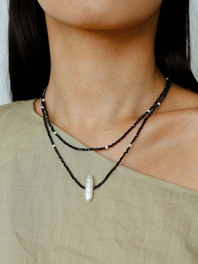 Baroque Pearl Black Spinel Beaded Long Necklace gembea jewelry