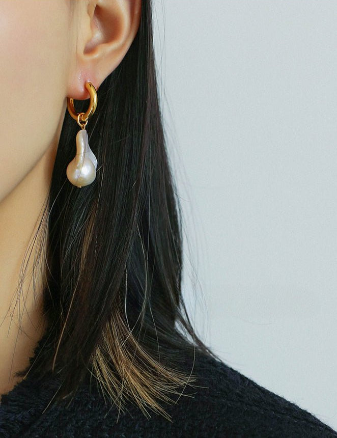 Baroque Pearl Drop Hoop Earrings gembea jewelry