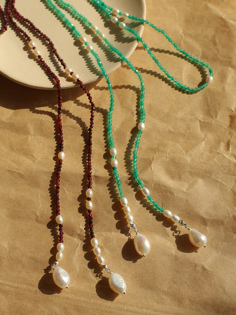 Baroque Pearl Garnet Long Necklace gembea jewelry