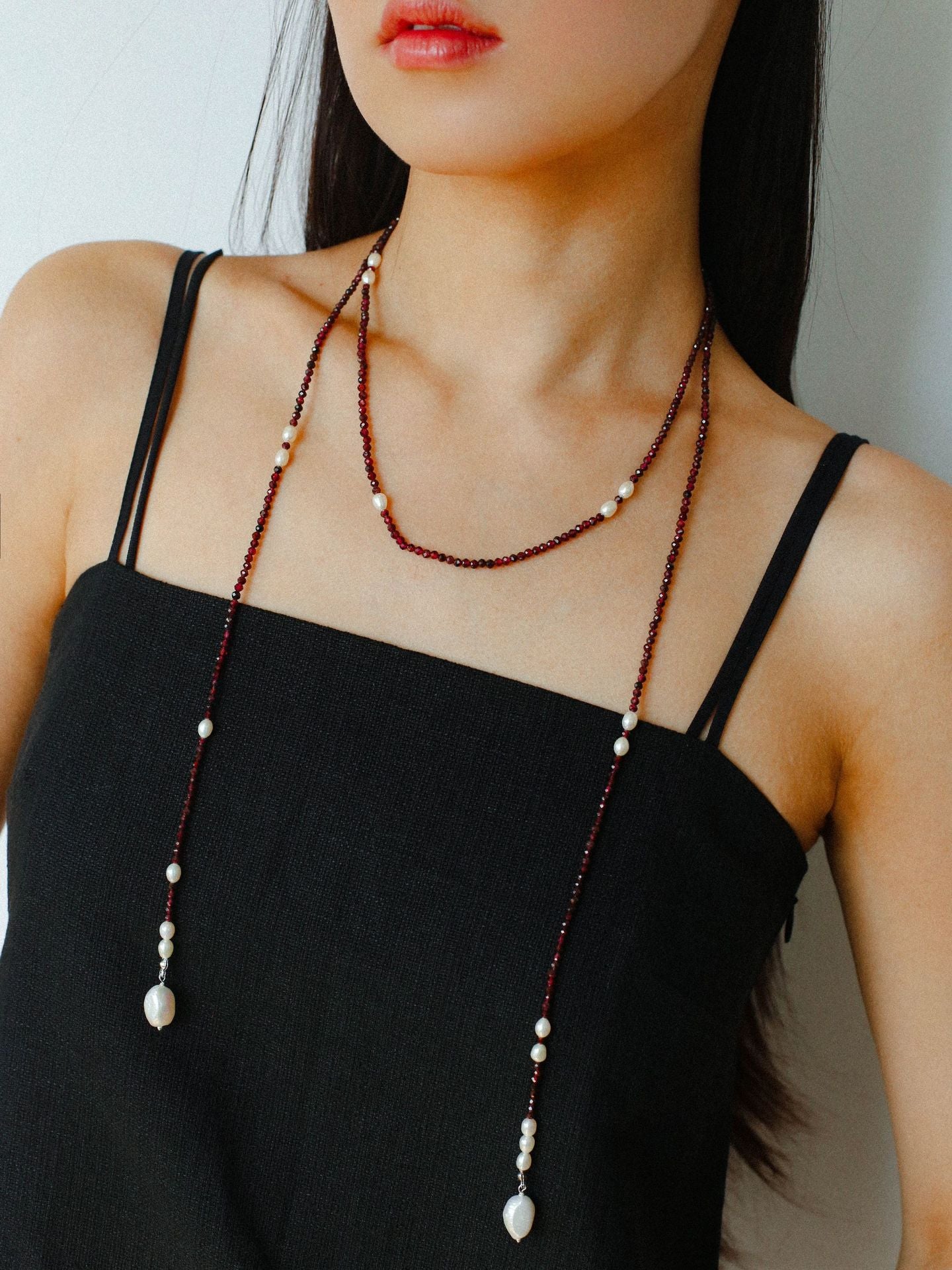 Baroque Pearl Garnet Long Necklace gembea jewelry