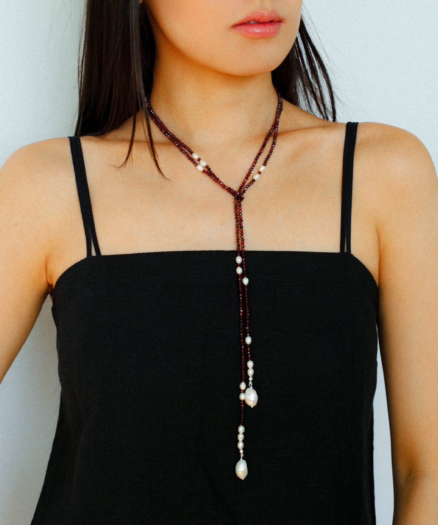 Baroque Pearl Garnet Long Necklace gembea jewelry