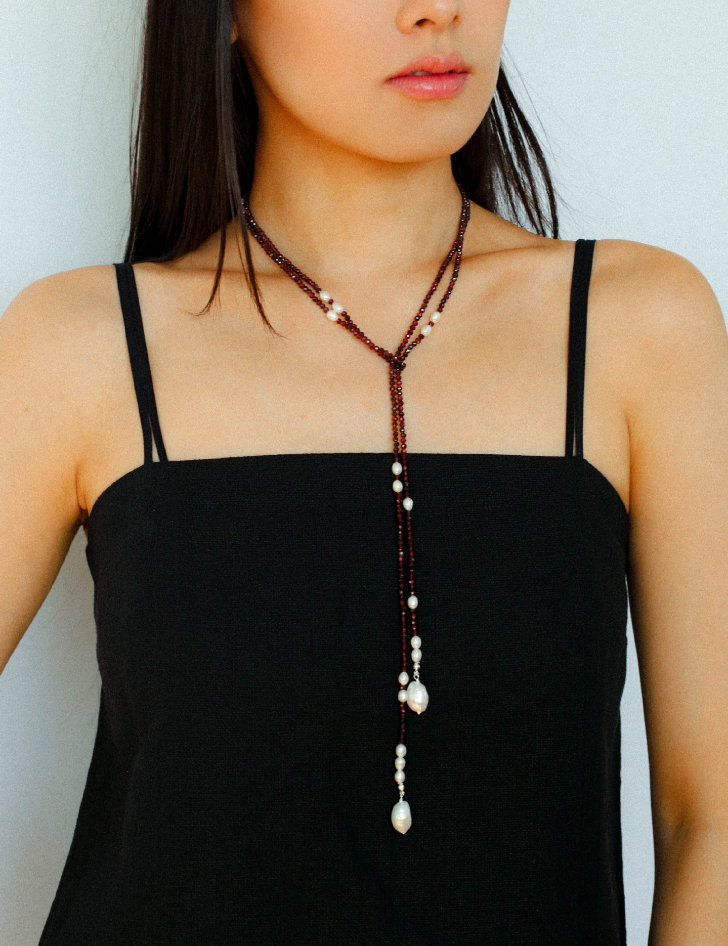 Baroque Pearl Garnet Long Necklace gembea jewelry