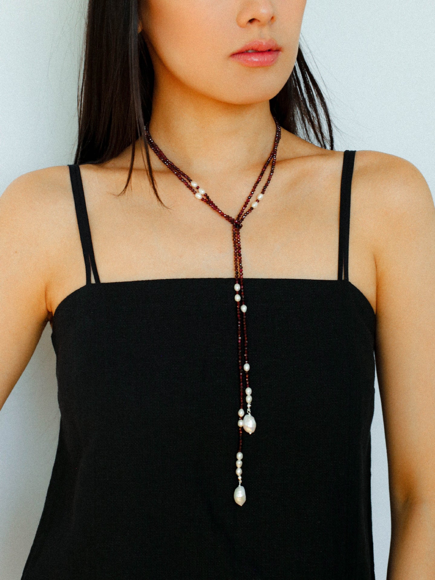 Baroque Pearl Garnet Long Necklace gembea jewelry