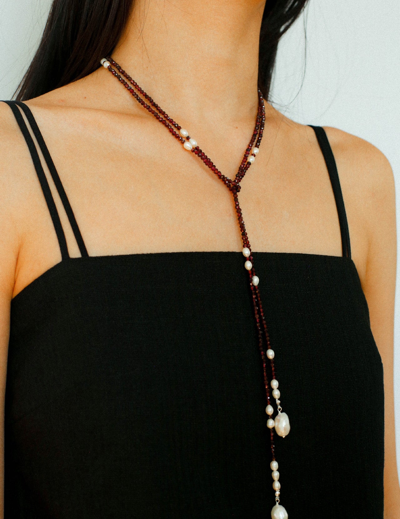 Baroque Pearl Garnet Long Necklace gembea jewelry