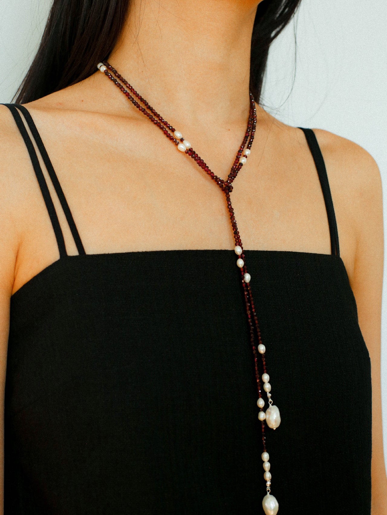 Baroque Pearl Garnet Long Necklace gembea jewelry