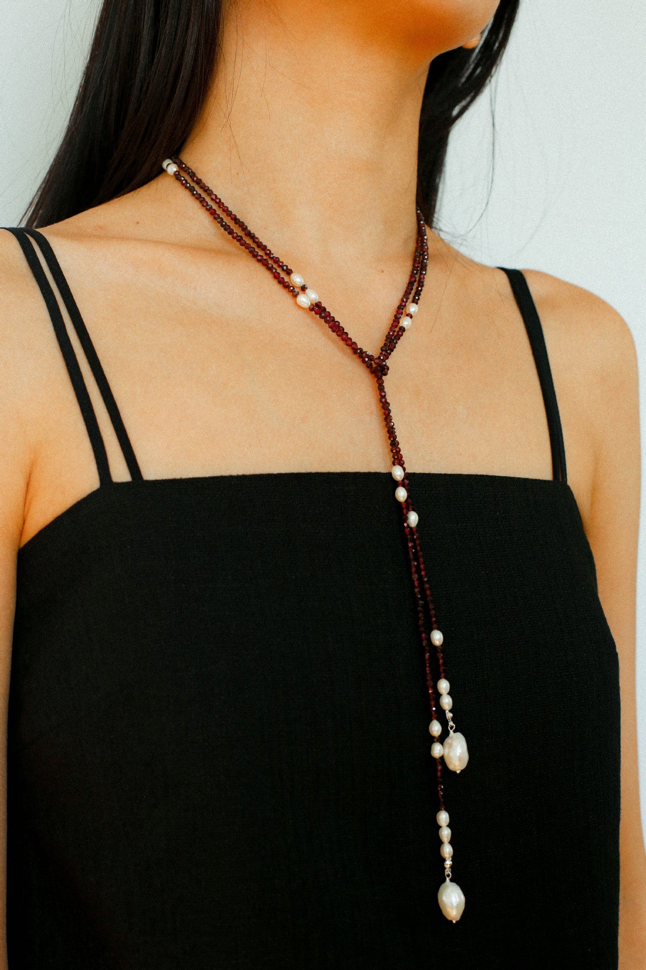 Baroque Pearl Garnet Long Necklace gembea jewelry