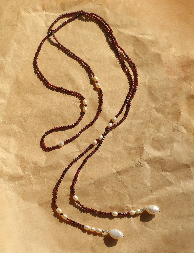 Baroque Pearl Garnet Long Necklace gembea jewelry