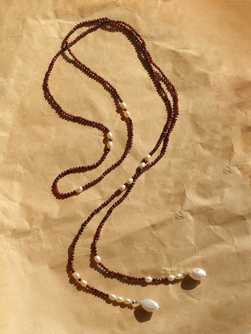 Baroque Pearl Garnet Long Necklace gembea jewelry