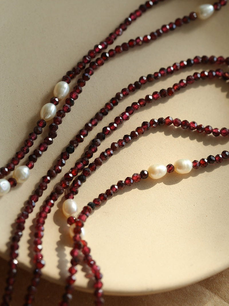 Baroque Pearl Garnet Long Necklace gembea jewelry
