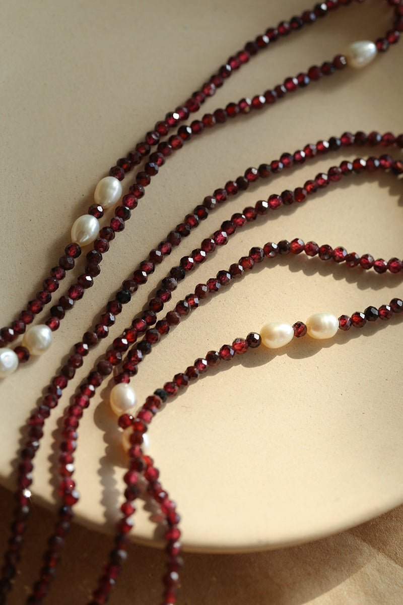 Baroque Pearl Garnet Long Necklace gembea jewelry