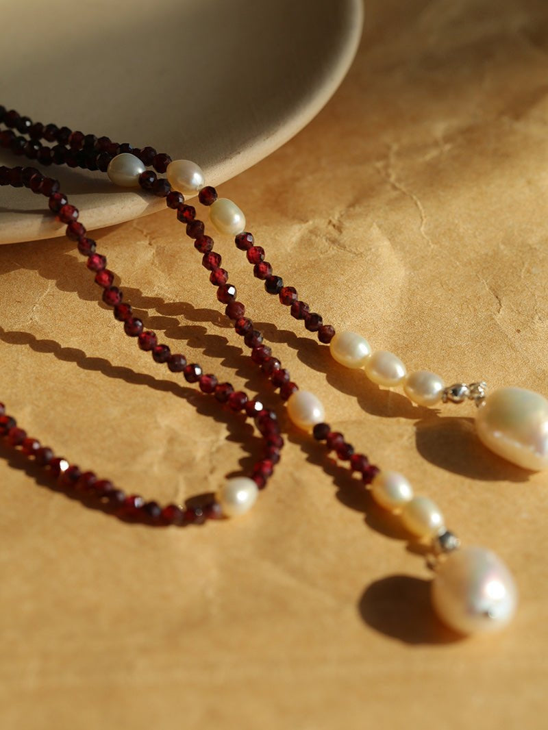 Baroque Pearl Garnet Long Necklace gembea jewelry