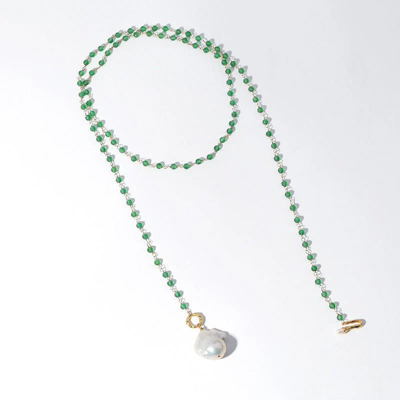 Baroque Pearl Green Agate Beaded Necklace-Gembea Jewelry