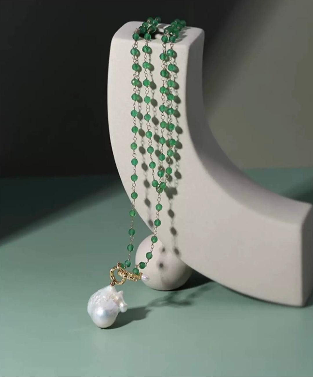 Baroque Pearl Green Agate Beaded Necklace - Gembea Jewelry
