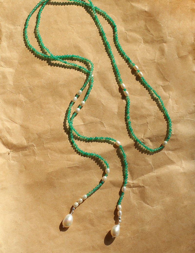 Baroque Pearl Green Agate Long Necklace gembea jewelry