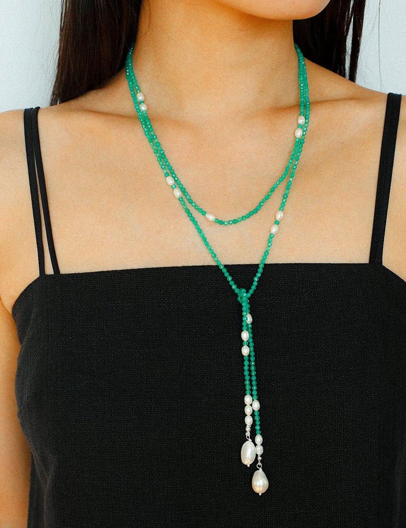 Baroque Pearl Green Agate Long Necklace gembea jewelry
