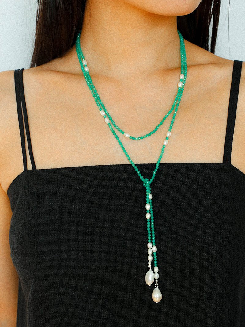 Baroque Pearl Green Agate Long Necklace gembea jewelry