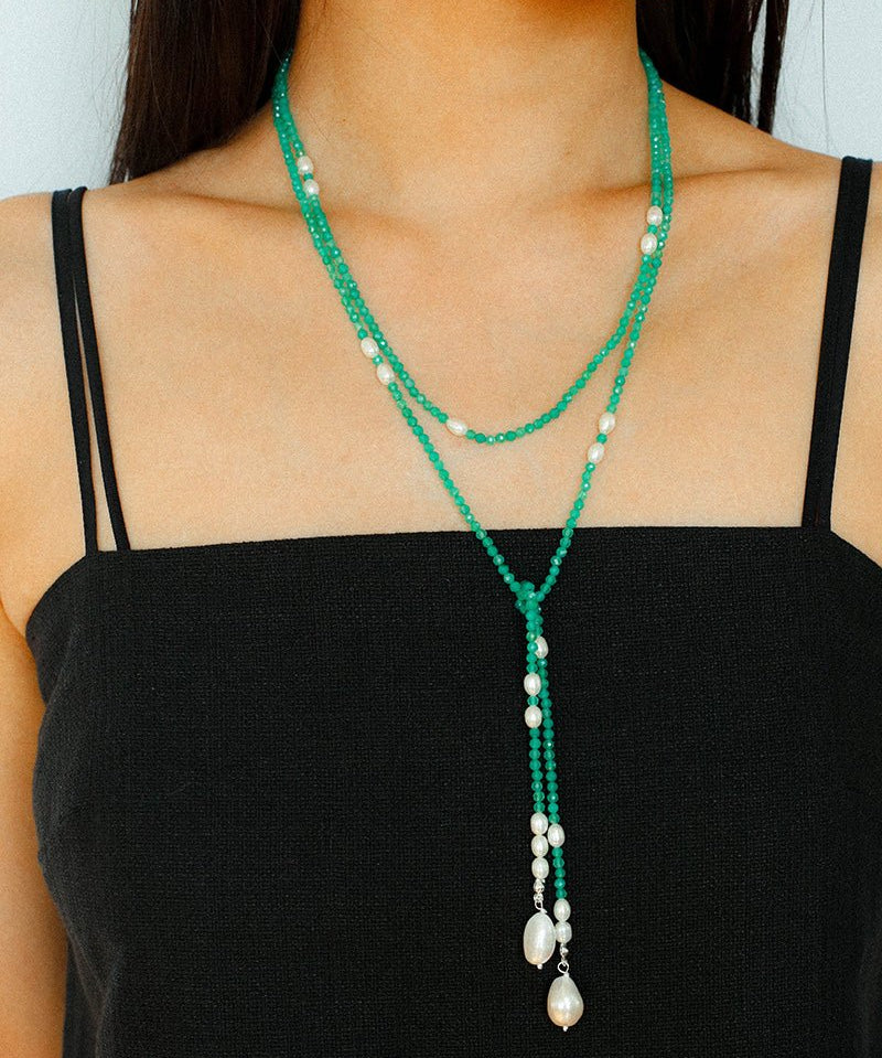 Baroque Pearl Green Agate Long Necklace gembea jewelry