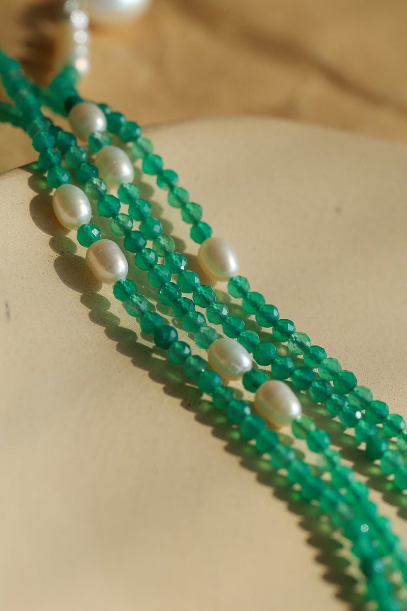 Baroque Pearl Green Agate Long Necklace gembea jewelry