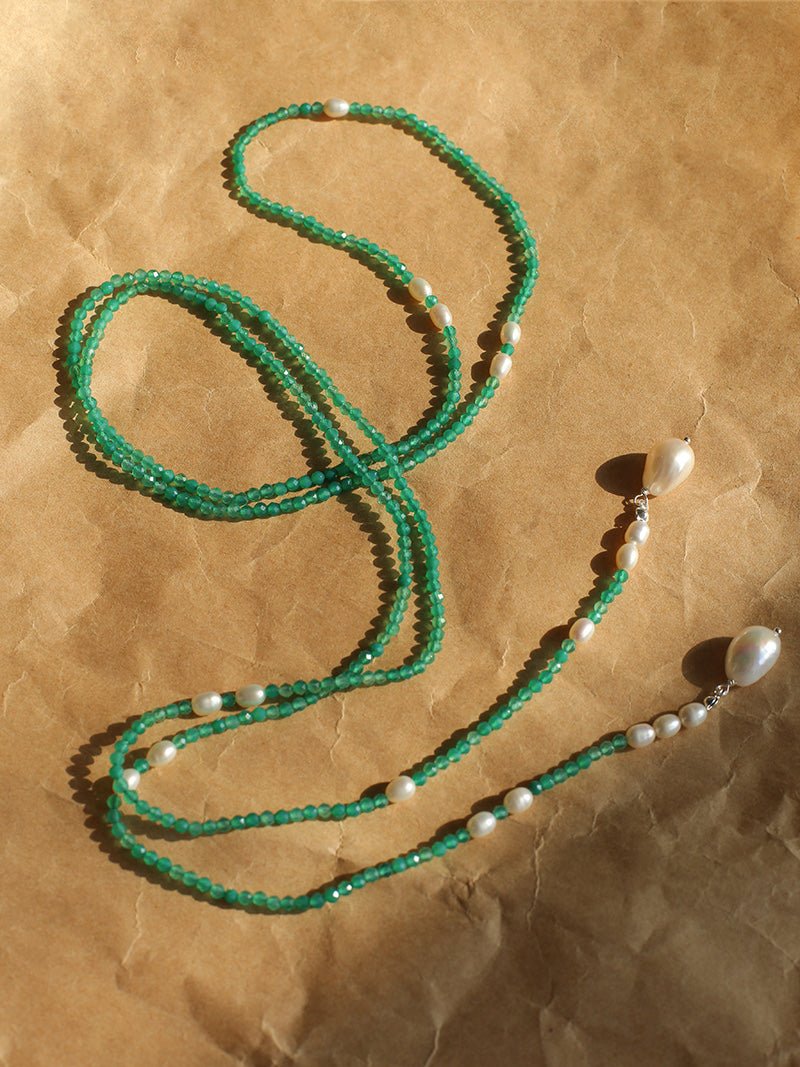 Baroque Pearl Green Agate Long Necklace gembea jewelry