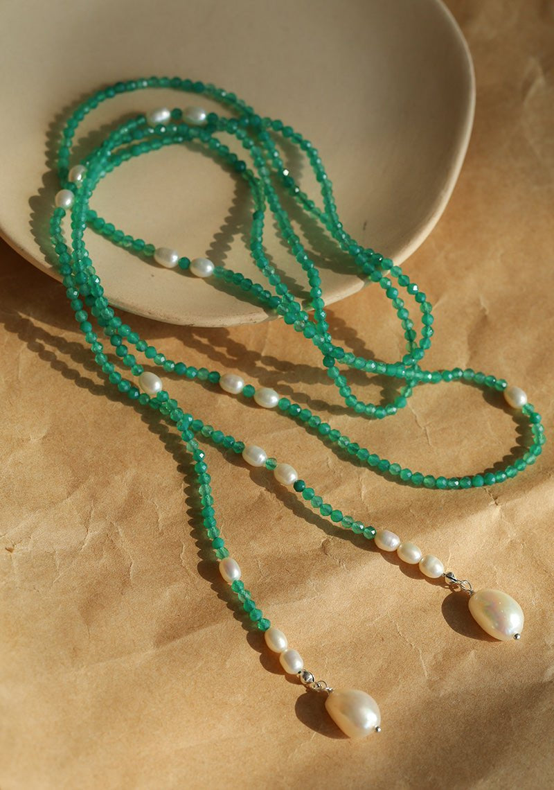 Baroque Pearl Green Agate Long Necklace gembea jewelry