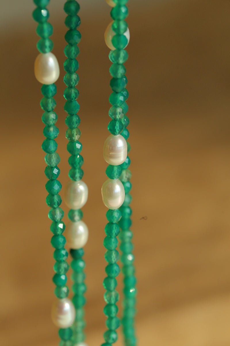 Baroque Pearl Green Agate Long Necklace gembea jewelry