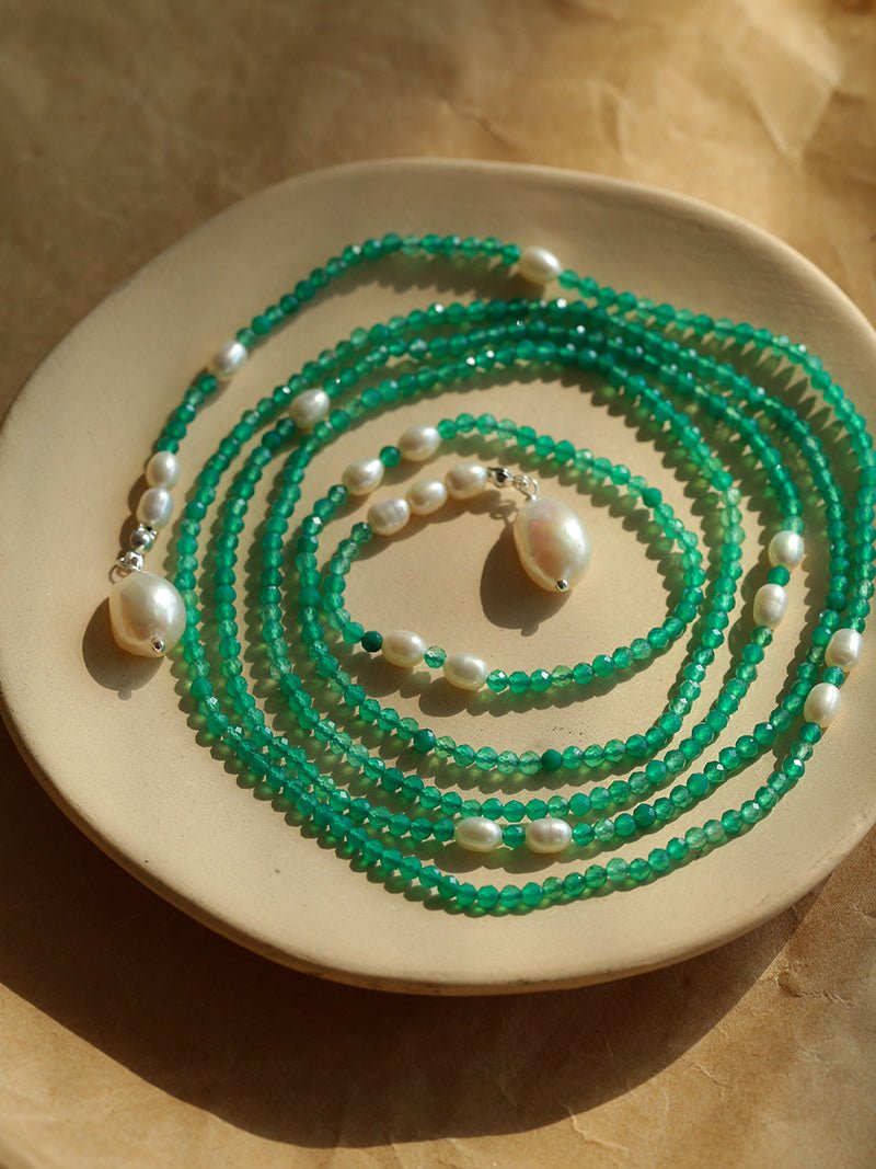 Baroque Pearl Green Agate Long Necklace gembea jewelry