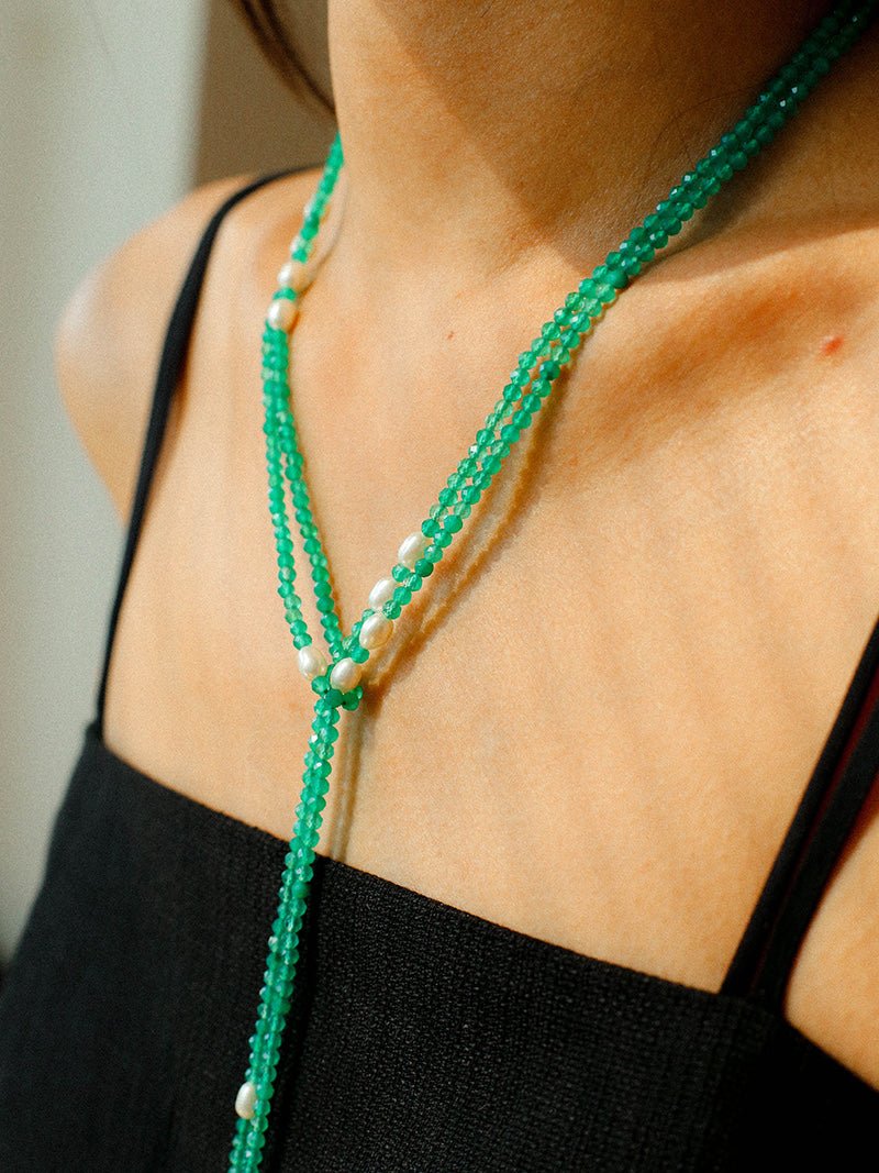 Baroque Pearl Green Agate Long Necklace gembea jewelry