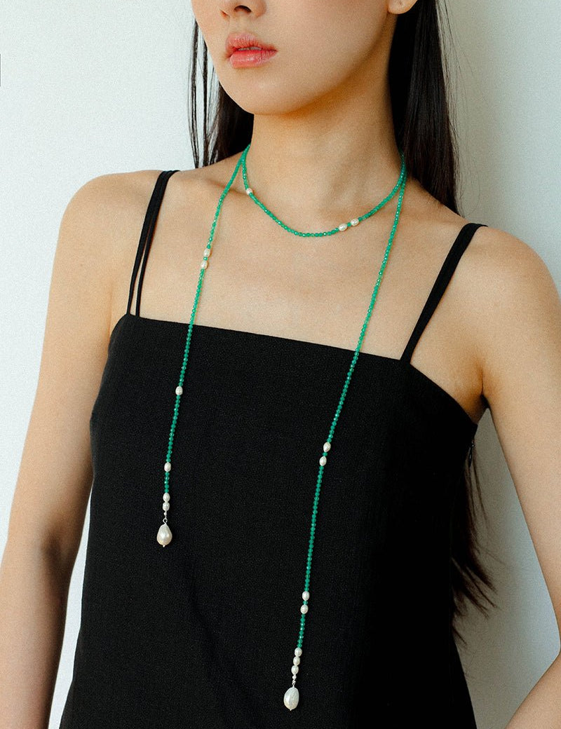 Baroque Pearl Green Agate Long Necklace gembea jewelry