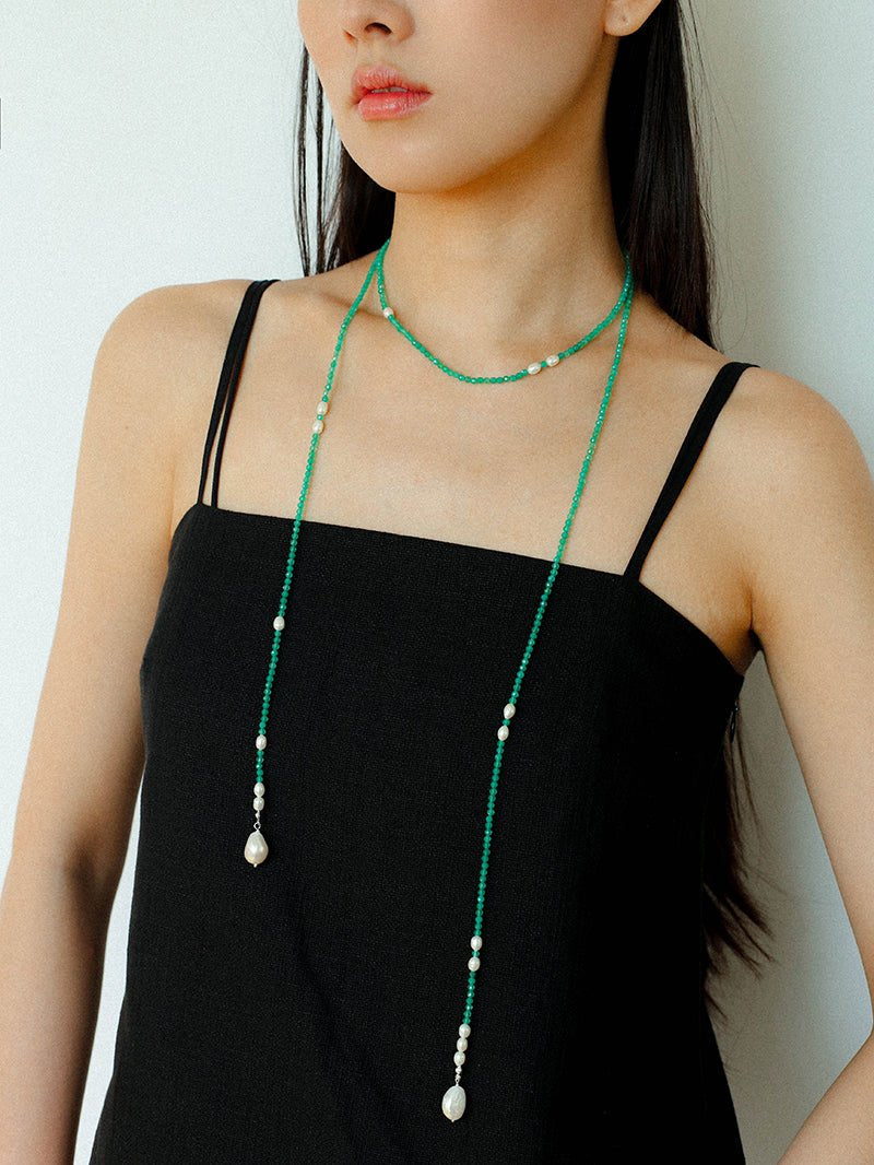 Baroque Pearl Green Agate Long Necklace gembea jewelry