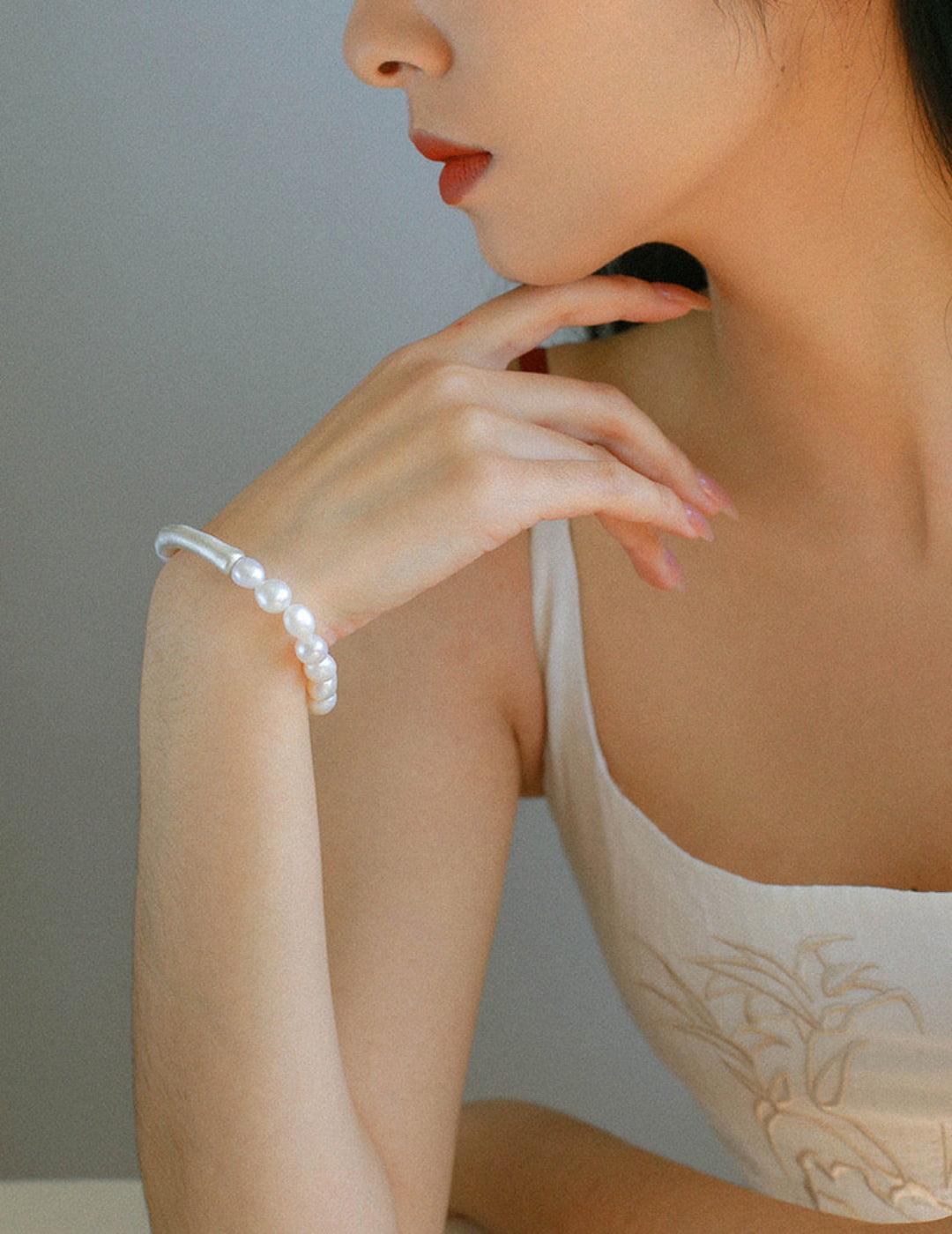 Baroque Shaped Pearl Silver Bend Elastic Bracelet - Gembea Jewelry